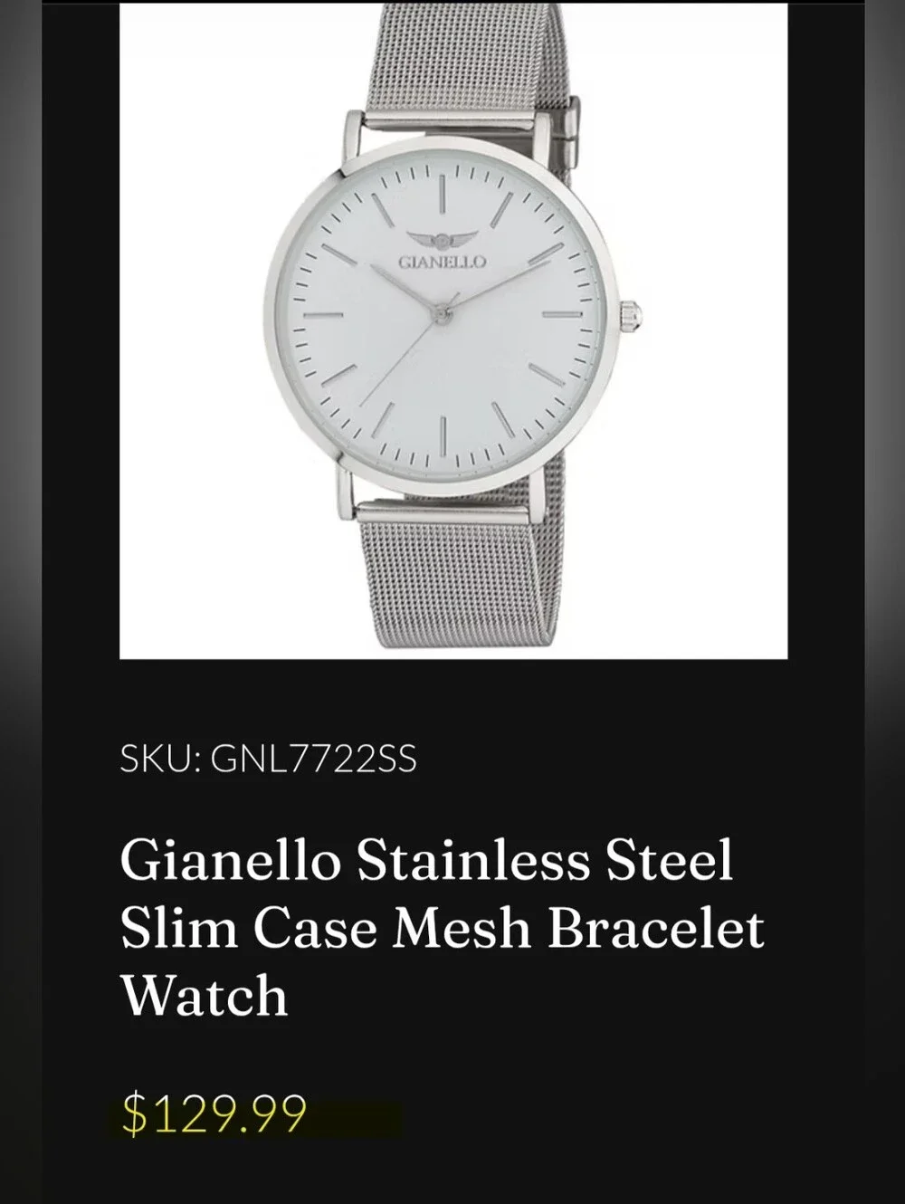 Gianello Stainless Steel Case Back Slim Case Mesh Bracelet Watch Italian Design